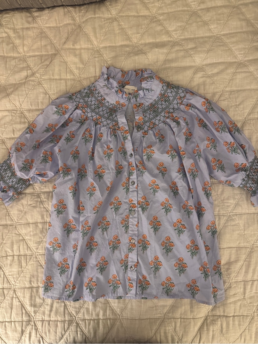 Entro Smocked Floral Button-Front Blouse - Light Blue with Orange Flowers Small